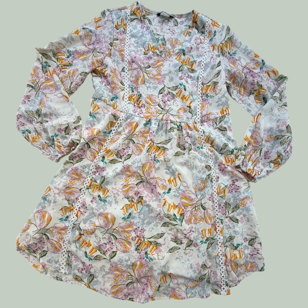 Dokotoo Floral Lace Trim Long Sleeve Mini Dress White Pink Yellow L